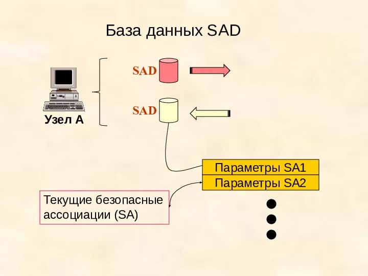 База данных SAD Узел А SAD SAD Параметры SA1 Параметры SA2 Текущие безопасные ассоциации (SA)