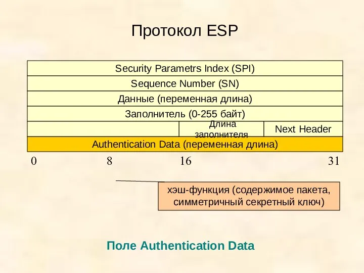 Протокол ESP Security Parametrs Index (SPI) Sequence Number (SN) Данные (переменная