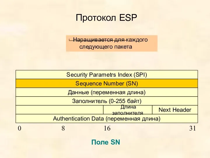 Протокол ESP Security Parametrs Index (SPI) Sequence Number (SN) Данные (переменная