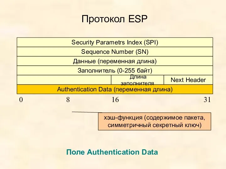 Протокол ESP Security Parametrs Index (SPI) Sequence Number (SN) Данные (переменная