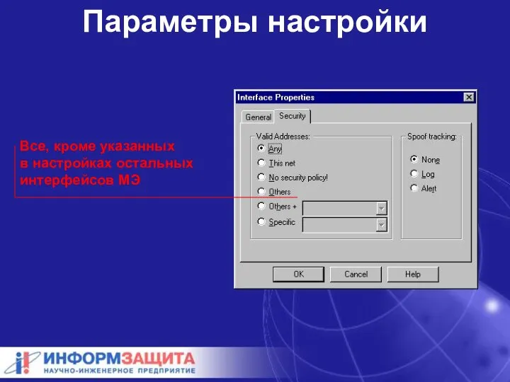 Параметры настройки Все, кроме указанных в настройках остальных интерфейсов МЭ