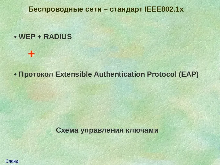 Беспроводные сети – стандарт IEEE802.1x WEP + RADIUS + Протокол Extensible