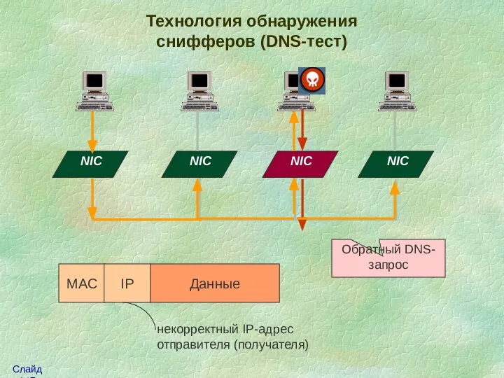 Технология обнаружения снифферов (DNS-тест) NIC NIC NIC NIC MAC IP Данные