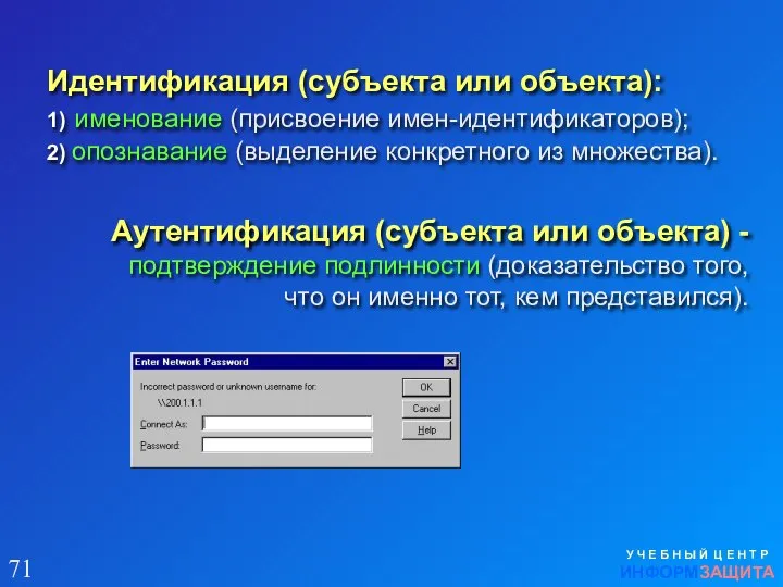 Идентификация (субъекта или объекта): 1) именование (присвоение имен-идентификаторов); 2) опознавание (выделение