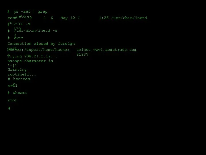 Trying 208.21.2.12... Escape character is '^]'. telnet www1.acmetrade.com 31337 Granting rootshell...