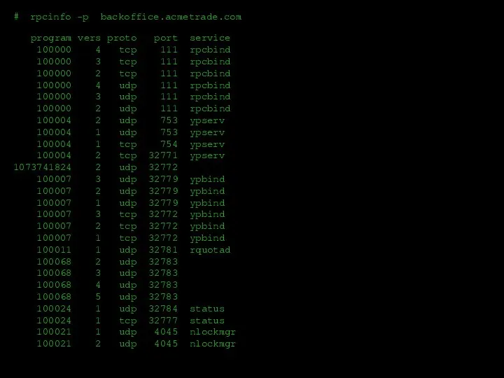 program vers proto port service 100000 4 tcp 111 rpcbind 100000