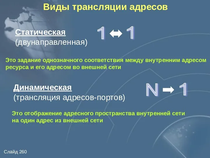 Виды трансляции адресов Статическая (двунаправленная) Это задание однозначного соответствия между внутренним