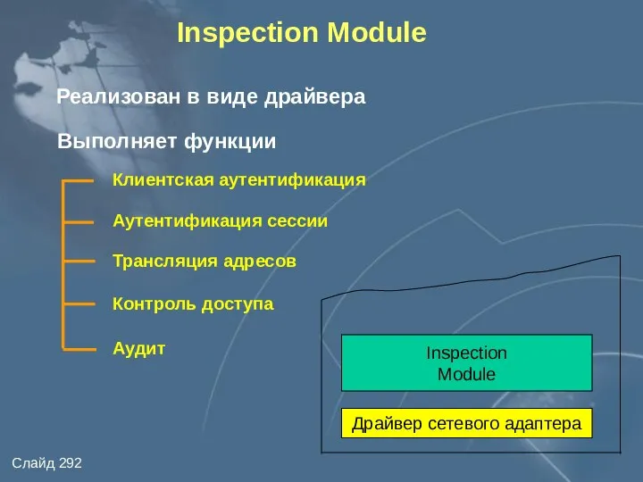 Inspection Module Реализован в виде драйвера Выполняет функции Контроль доступа Аутентификация