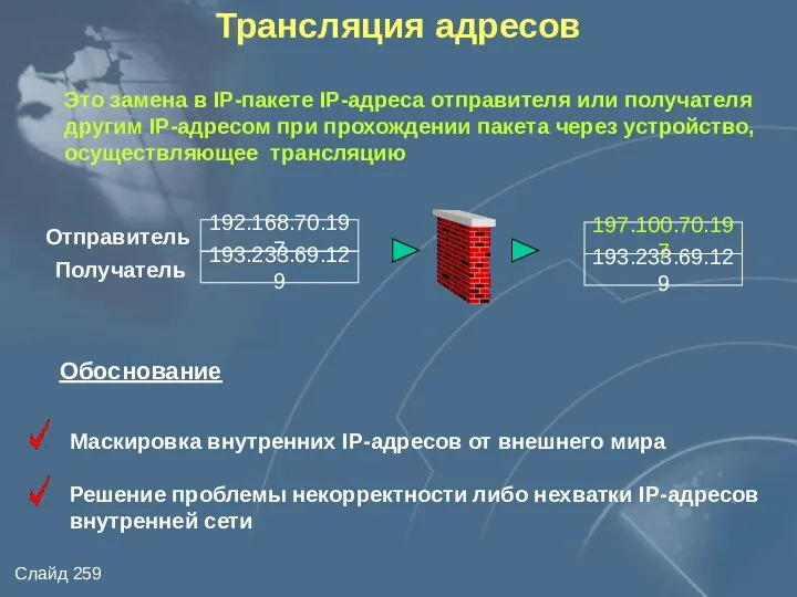 Трансляция адресов Это замена в IP-пакете IP-адреса отправителя или получателя другим