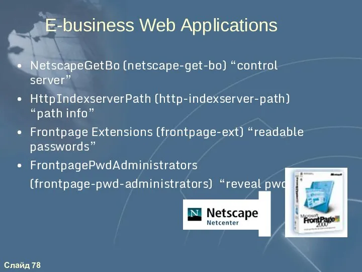 E-business Web Applications NetscapeGetBo (netscape-get-bo) “control server” HttpIndexserverPath (http-indexserver-path) “path info”