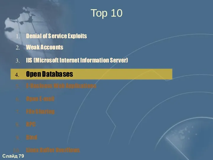 2. Weak Accounts 3. IIS (Microsoft Internet Information Server) 1. Denial