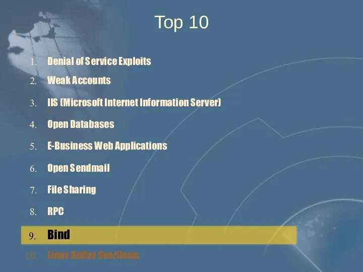 2. Weak Accounts 3. IIS (Microsoft Internet Information Server) 4. Open