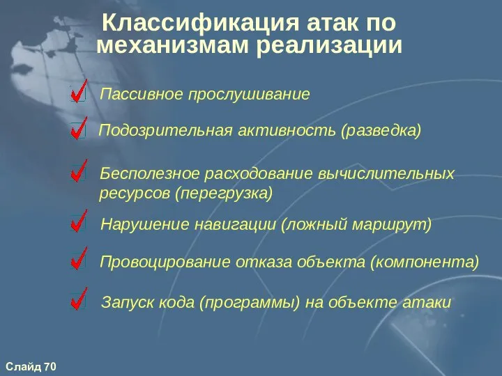 Классификация атак по механизмам реализации Провоцирование отказа объекта (компонента) Подозрительная активность