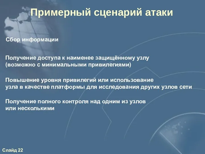 Примерный сценарий атаки Сбор информации Получение доступа к наименее защищённому узлу