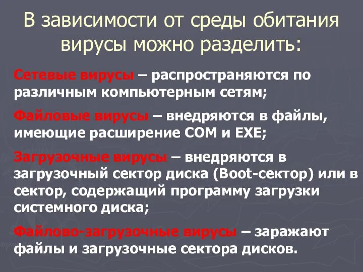 В зависимости от среды обитания вирусы можно разделить: Сетевые вирусы –