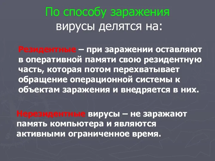 По способу заражения вирусы делятся на: Резидентные – при заражении оставляют