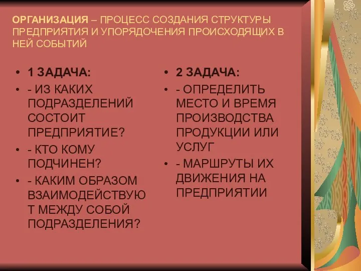 ОРГАНИЗАЦИЯ – ПРОЦЕСС СОЗДАНИЯ СТРУКТУРЫ ПРЕДПРИЯТИЯ И УПОРЯДОЧЕНИЯ ПРОИСХОДЯЩИХ В НЕЙ