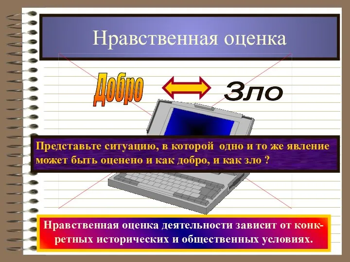 Нравственная оценка Нравственная оценка деятельности зависит от конк- ретных исторических и