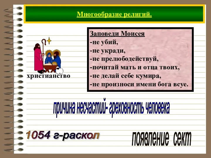 Многообразие религий. Заповеди Моисея -не убий, -не укради, -не прелюбодействуй, -почитай