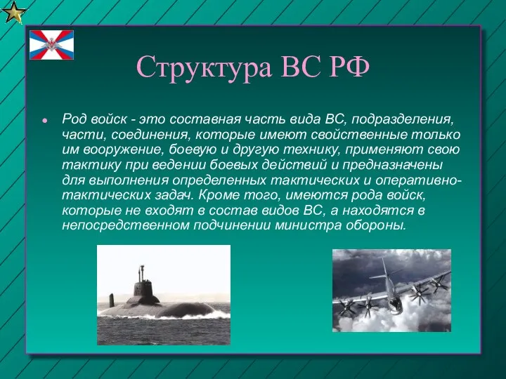 Структура ВС РФ Род войск - это составная часть вида ВС,