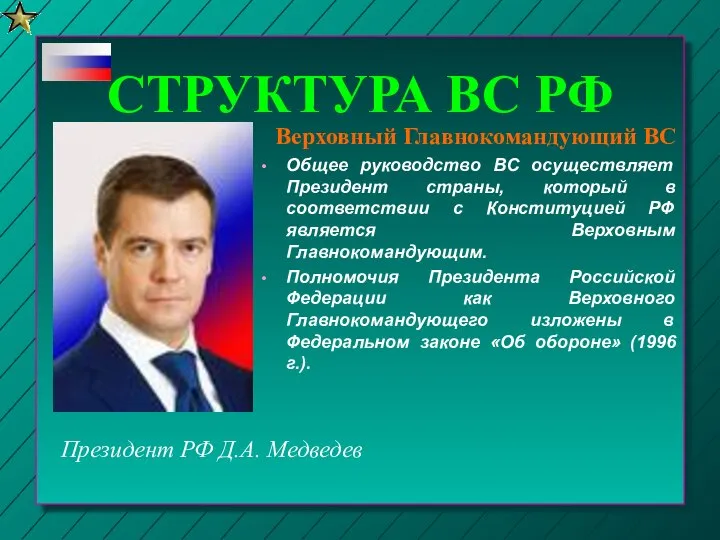 СТРУКТУРА ВС РФ Общее руководство ВС осуществляет Президент страны, который в