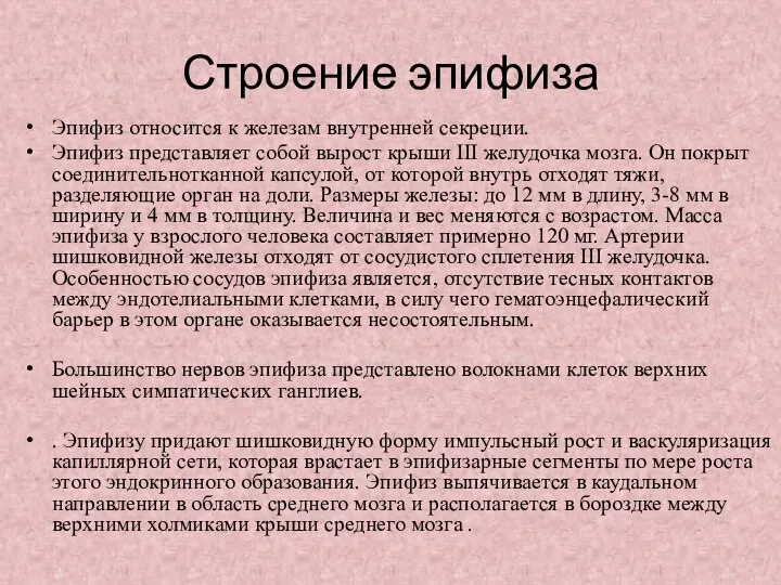 Строение эпифиза Эпифиз относится к железам внутренней секреции. Эпифиз представляет собой