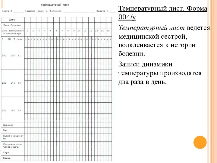 Температурный лист. Форма 004/у Температурный лист ведется медицинской сестрой, подклеивается к