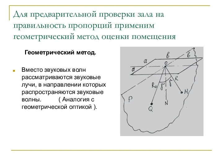 Для предварительной проверки зала на правильность пропорций применим геометрический метод оценки