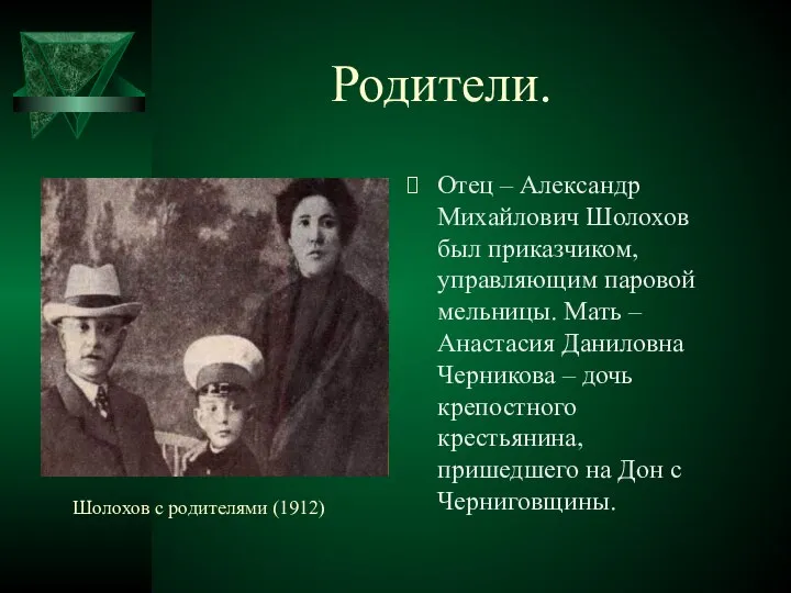 Родители. Отец – Александр Михайлович Шолохов был приказчиком, управляющим паровой мельницы.