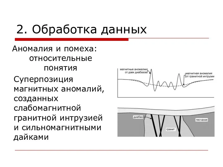 2. Обработка данных Аномалия и помеха: относительные понятия Суперпозиция магнитных аномалий,