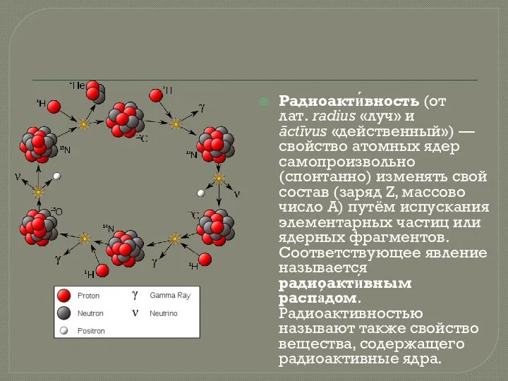 Радиоакти́вность (от лат. radius «луч» и āctīvus «действенный») — свойство атомных