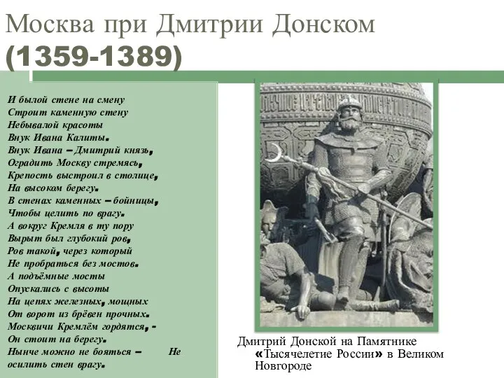 Москва при Дмитрии Донском (1359-1389) И былой стене на смену Строит