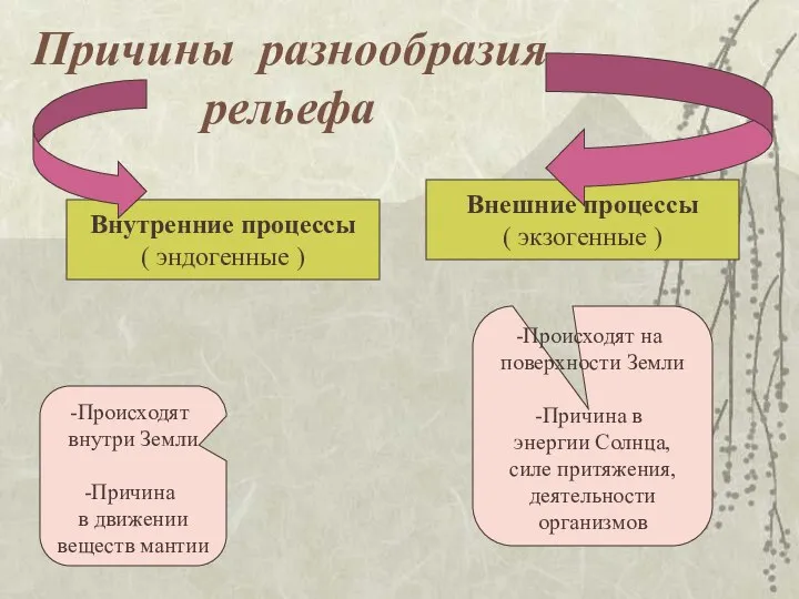 Причины разнообразия рельефа Внутренние процессы ( эндогенные ) Внешние процессы (