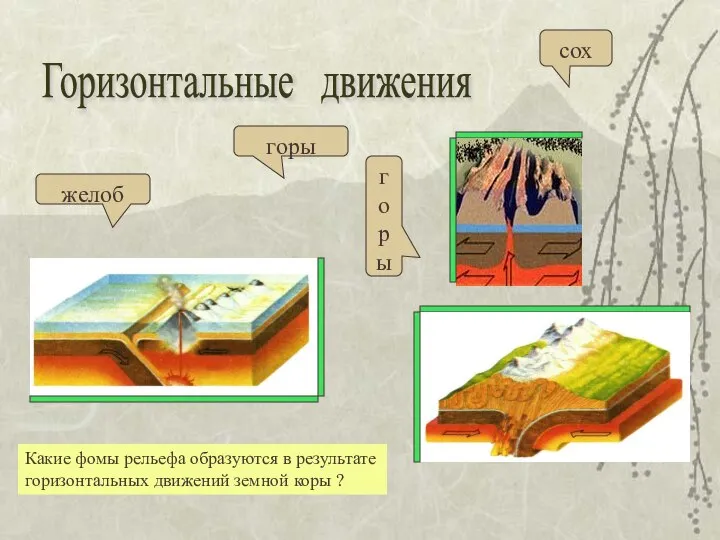 Горизонтальные движения желоб горы горы сох Какие фомы рельефа образуются в