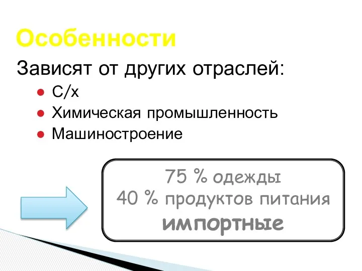 Зависят от других отраслей: С/х Химическая промышленность Машиностроение Особенности 75 %