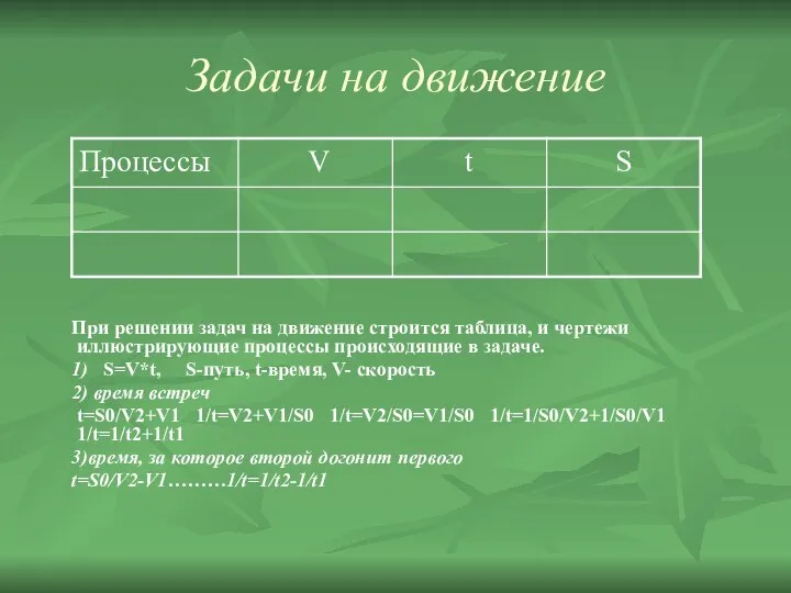 Задачи на движение При решении задач на движение строится таблица, и