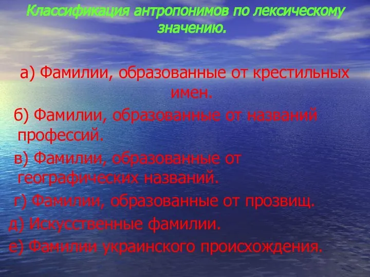 Классификация антропонимов по лексическому значению. а) Фамилии, образованные от крестильных имен.