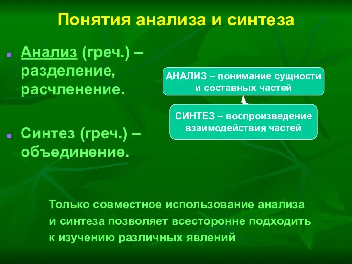 Понятия анализа и синтеза Анализ (греч.) – разделение, расчленение. Синтез (греч.)