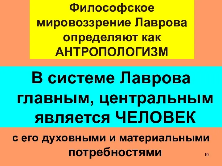 Философское мировоззрение Лаврова определяют как АНТРОПОЛОГИЗМ В системе Лаврова главным, центральным