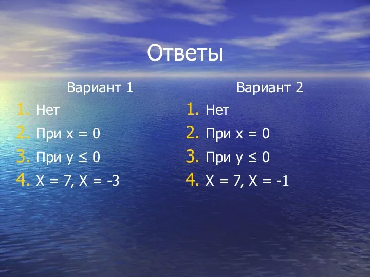 Ответы Вариант 1 Нет При x = 0 При y ≤