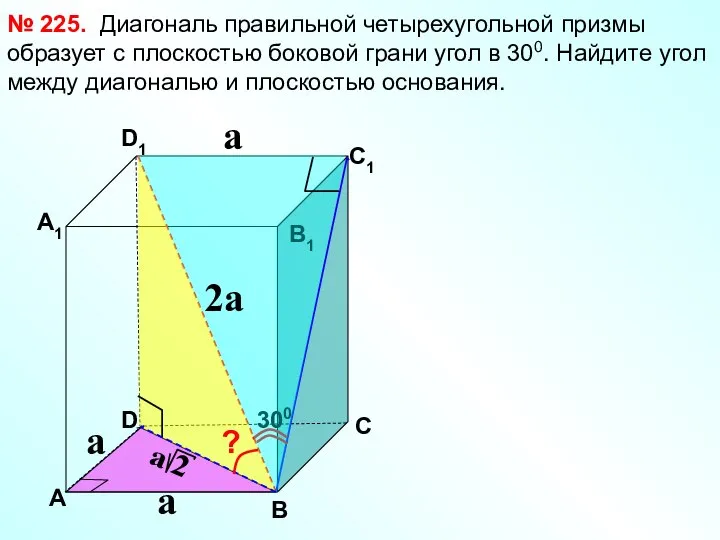 Диагональ правильной четырехугольной призмы образует с плоскостью боковой грани угол в