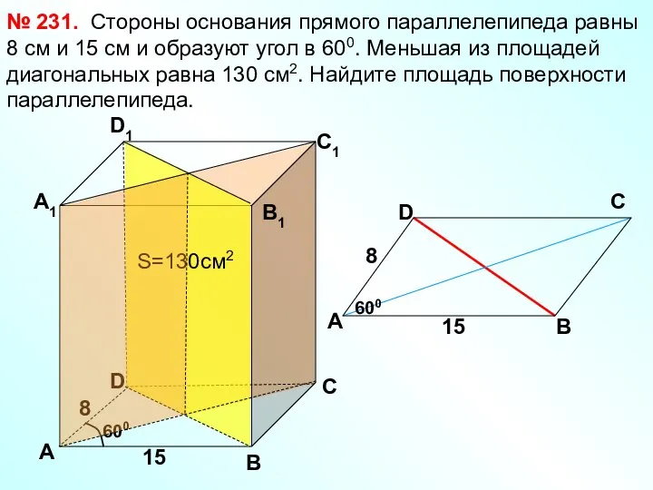 Стороны основания прямого параллелепипеда равны 8 см и 15 см и
