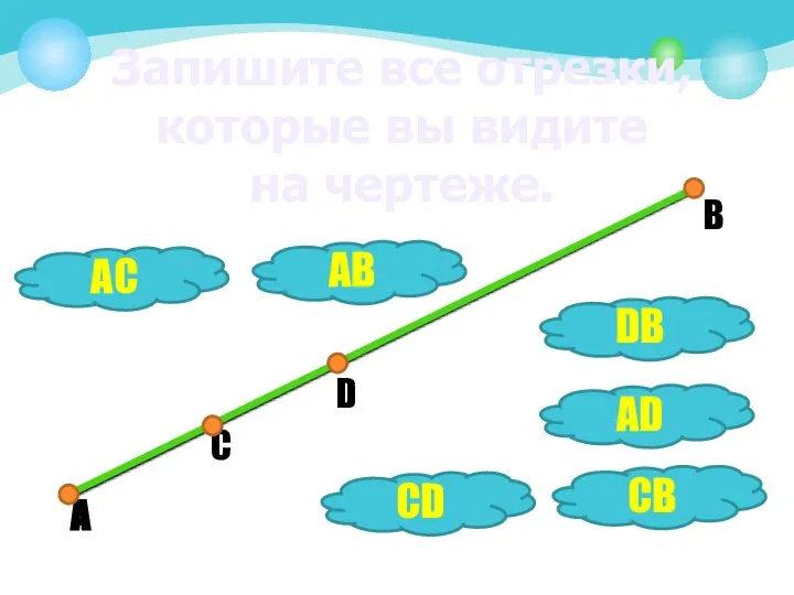 Запишите все отрезки, которые вы видите на чертеже. DB AD CB CD AC AB