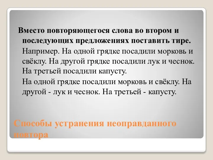 Способы устранения неоправданного повтора Вместо повторяющегося слова во втором и последующих