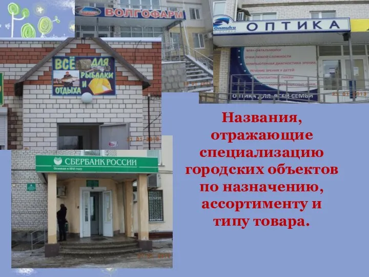 Названия, отражающие специализацию городских объектов по назначению, ассортименту и типу товара.