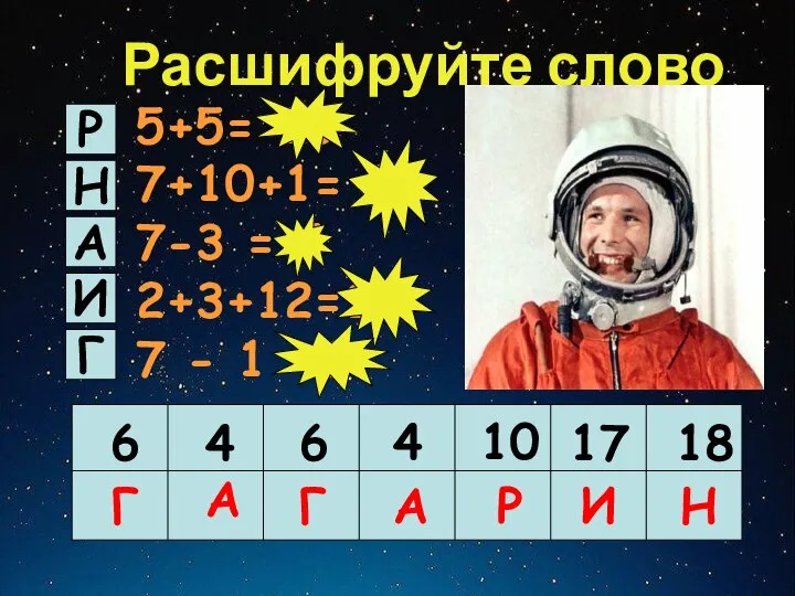 Расшифруйте слово 5+5= 10 7+10+1= 18 7-3 = 4 2+3+12=17 7