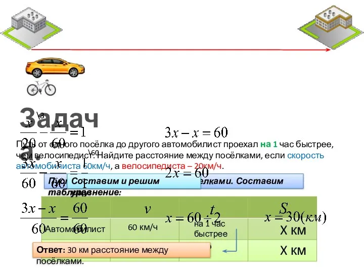 Пусть x – расстояние между поселками. Составим таблицу: 60 км/ч 20