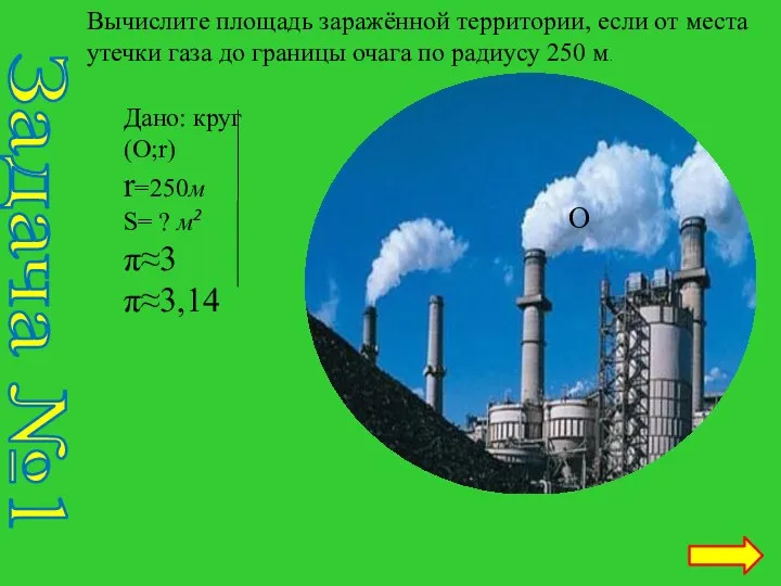 О Задача №1 Вычислите площадь заражённой территории, если от места утечки